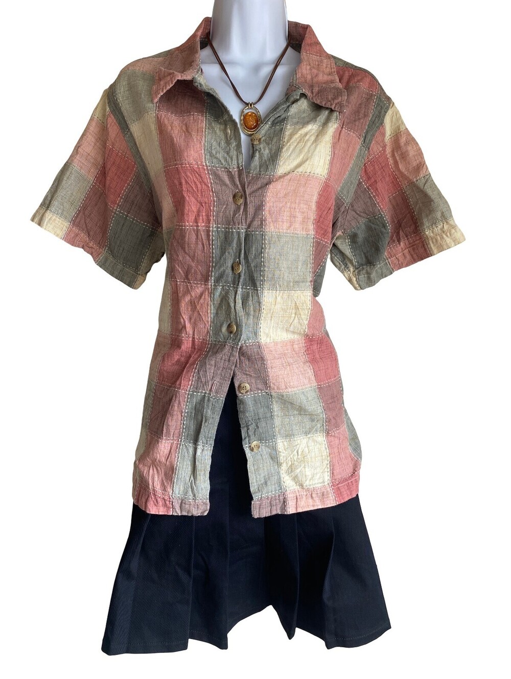 Vintage Fashion Bug Plus 14/16 Cotton Button Up Tunic Blouse Pastel Plaid Boho